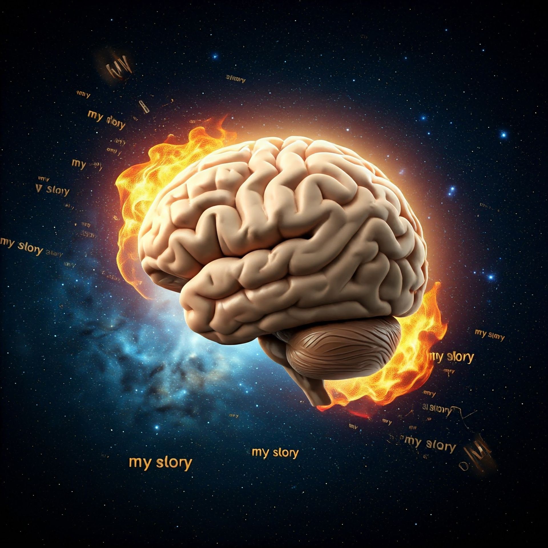 Human brain floating in space with flames and the words 'my story' scattered around.