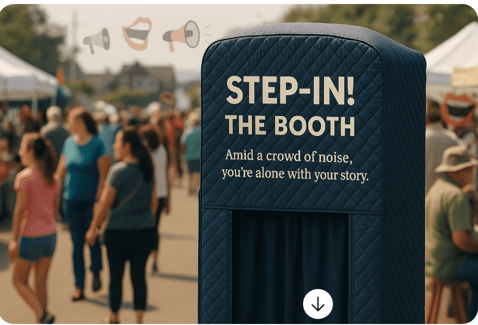 Crowded outdoor area with a booth featuring text about solitude amid noise.