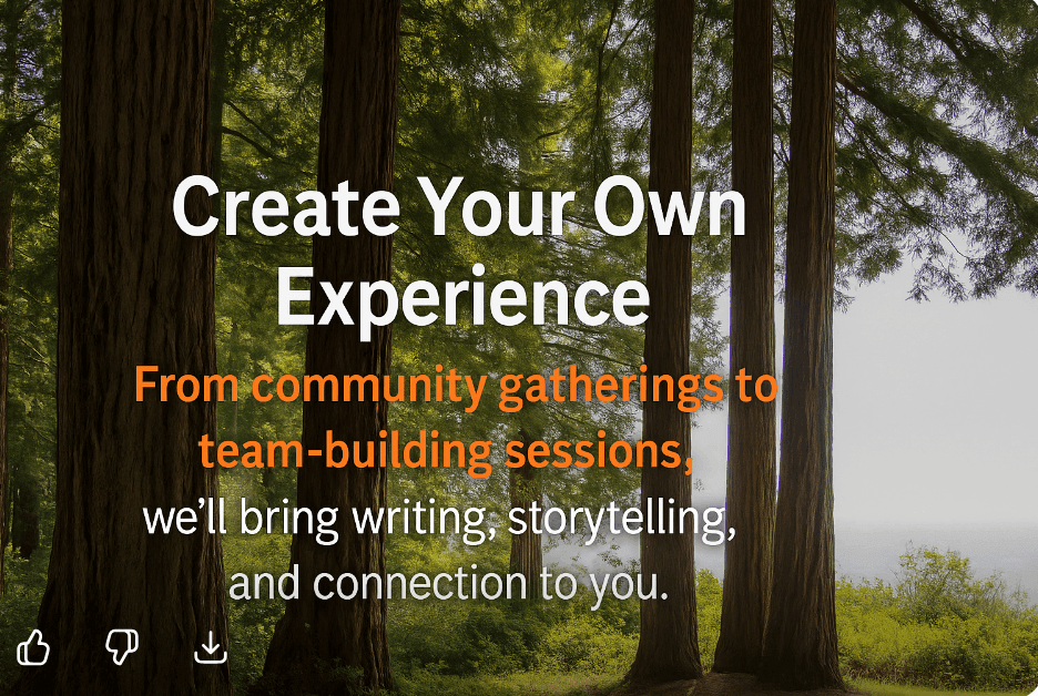 Forest scene with text inviting creation of personal experiences through gatherings and storytelling.