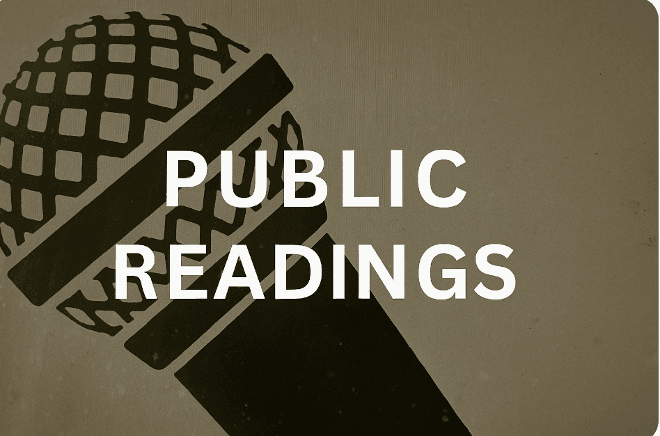 Graphic of a microphone with the text 'Public Readings' overlaid in white letters.