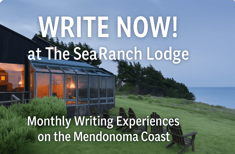 Sea Ranch Lodge with text promoting writing experiences on the Mendonoma Coast.